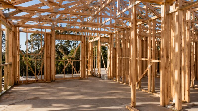 Timber wall frames and roof trusses standing on a new slab, bushland through the openings